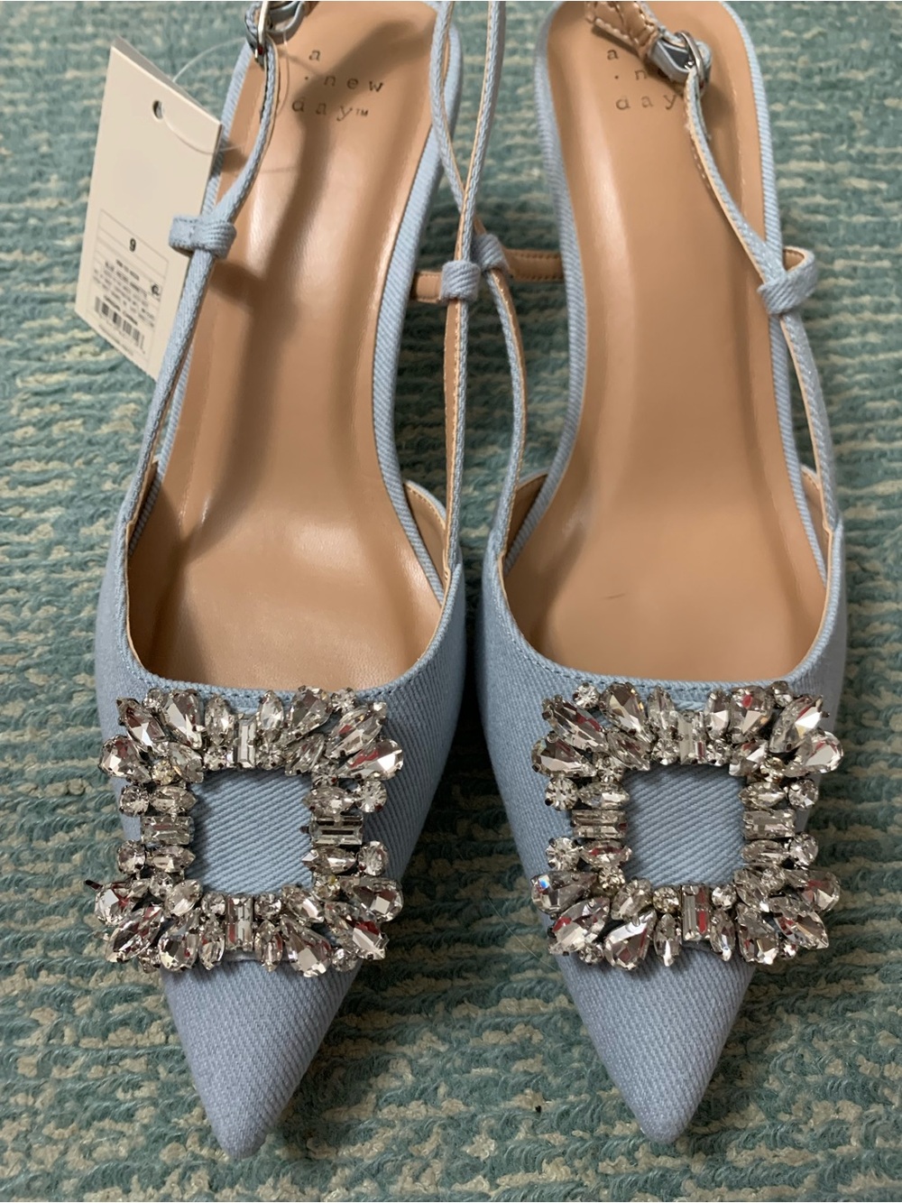 a new day Light Blue Chambray Jeweled Pointed Slingback Kitten Heel - Picture 2 of 8